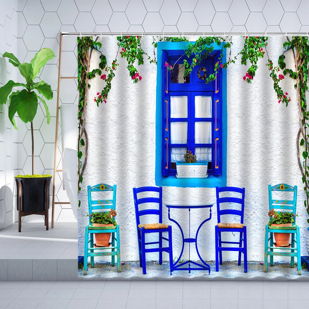 Traditional Greece City Street Shower Curtain Flowers Scenic Blue Window Bathroom Decor Polyester Clorh Bath Curtains With Hooks