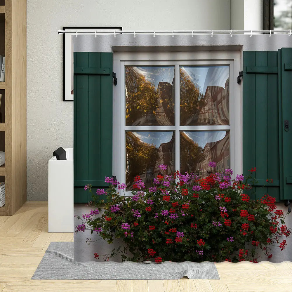 Traditional Greece City Street Shower Curtain Flowers Scenic Blue Window Bathroom Decor Polyester Clorh Bath Curtains With Hooks