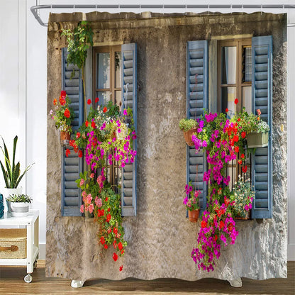 Traditional Greece City Street Shower Curtain Flowers Scenic Blue Window Bathroom Decor Polyester Clorh Bath Curtains With Hooks