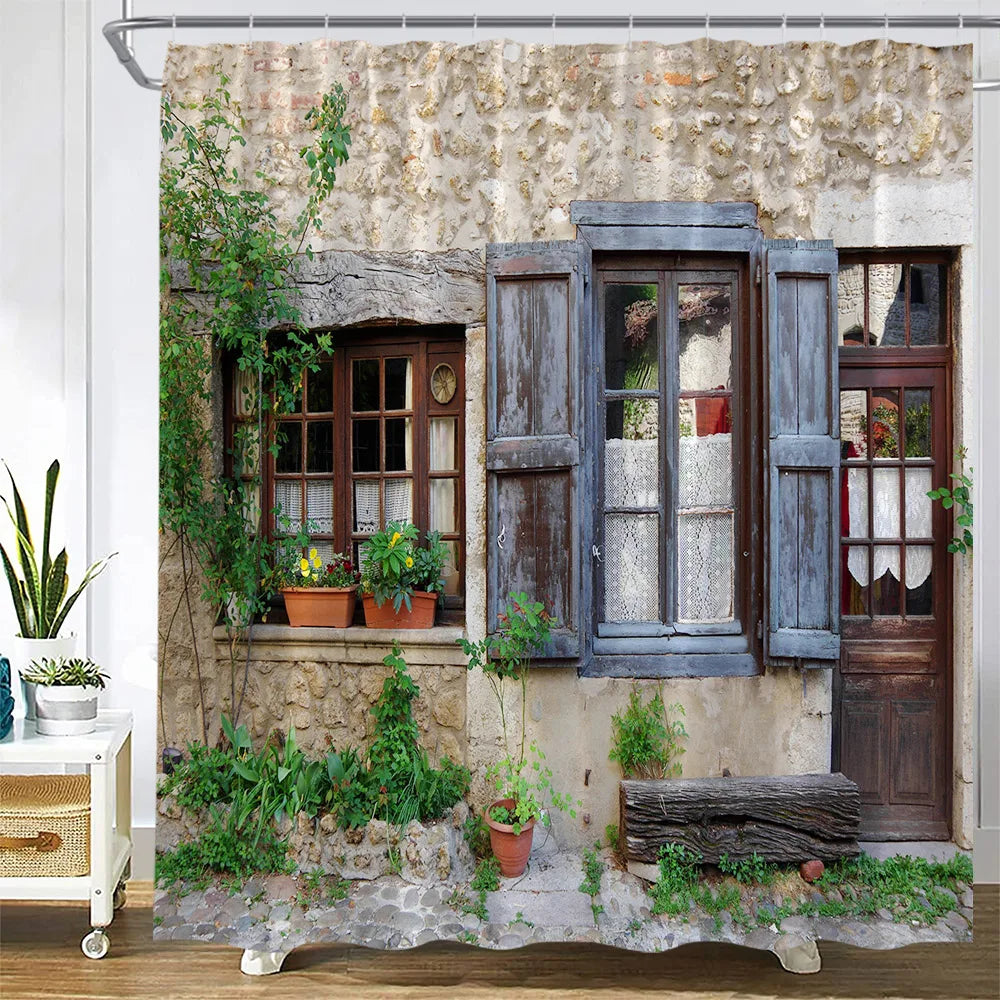 Traditional Greece City Street Shower Curtain Flowers Scenic Blue Window Bathroom Decor Polyester Clorh Bath Curtains With Hooks