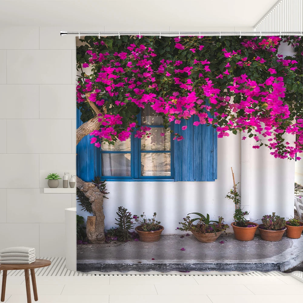 Traditional Greece City Street Shower Curtain Flowers Scenic Blue Window Bathroom Decor Polyester Clorh Bath Curtains With Hooks