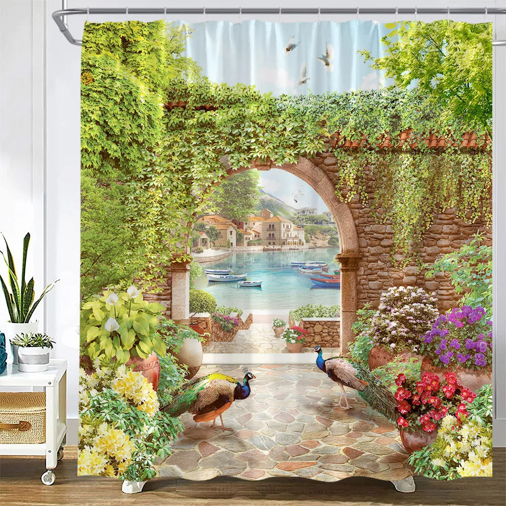 Traditional Greece City Street Shower Curtain Flowers Scenic Blue Window Bathroom Decor Polyester Clorh Bath Curtains With Hooks
