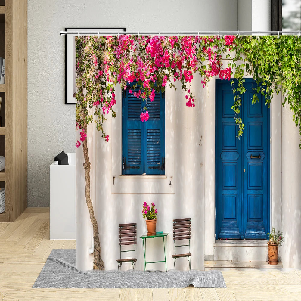 Traditional Greece City Street Shower Curtain Flowers Scenic Blue Window Bathroom Decor Polyester Clorh Bath Curtains With Hooks