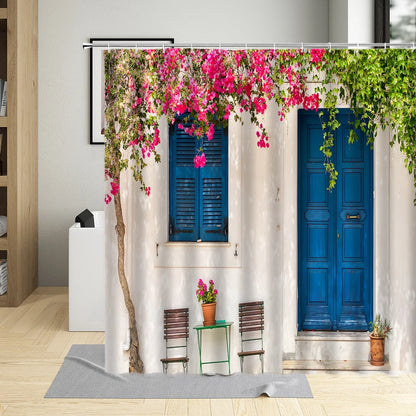 Traditional Greece City Street Shower Curtain Flowers Scenic Blue Window Bathroom Decor Polyester Clorh Bath Curtains With Hooks
