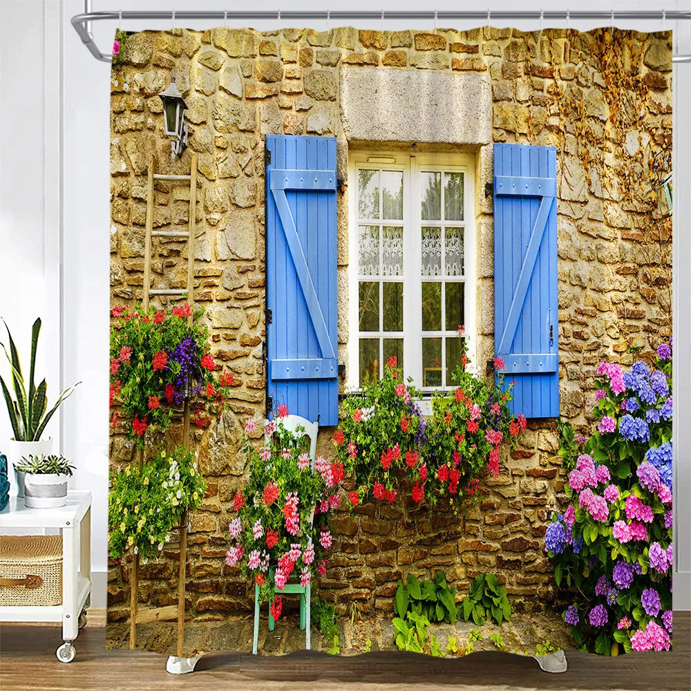 Traditional Greece City Street Shower Curtain Flowers Scenic Blue Window Bathroom Decor Polyester Clorh Bath Curtains With Hooks