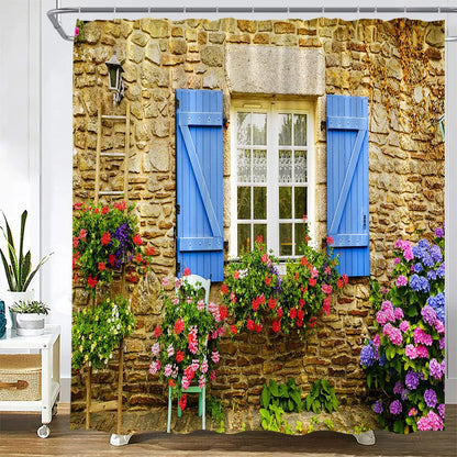 Traditional Greece City Street Shower Curtain Flowers Scenic Blue Window Bathroom Decor Polyester Clorh Bath Curtains With Hooks