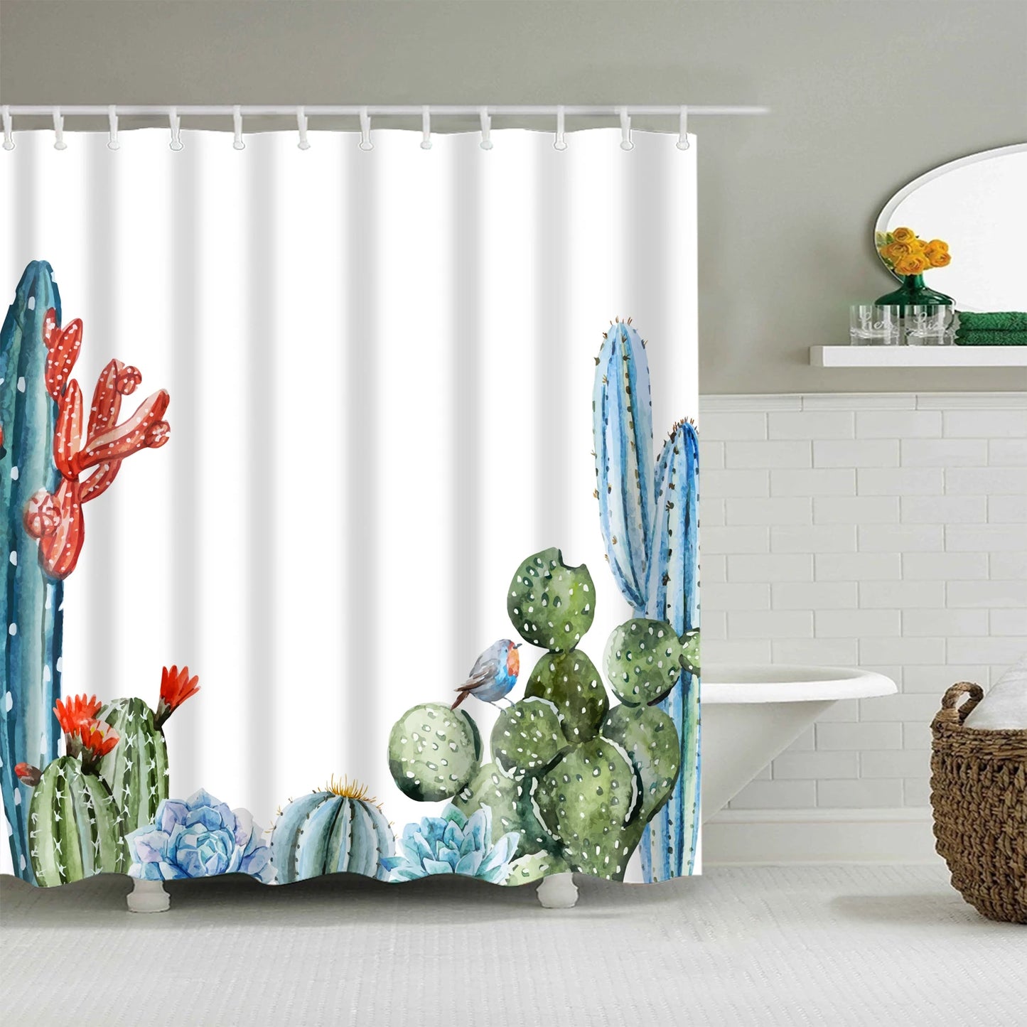 Tropical Green Plant Leaf Palm Cactus Shower Curtains Bathroom Curtain Frabic Waterproof Polyester Bathroom Curtain with Hooks