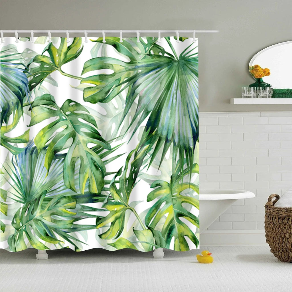 Tropical Green Plant Leaf Palm Cactus Shower Curtains Bathroom Curtain Frabic Waterproof Polyester Bathroom Curtain with Hooks
