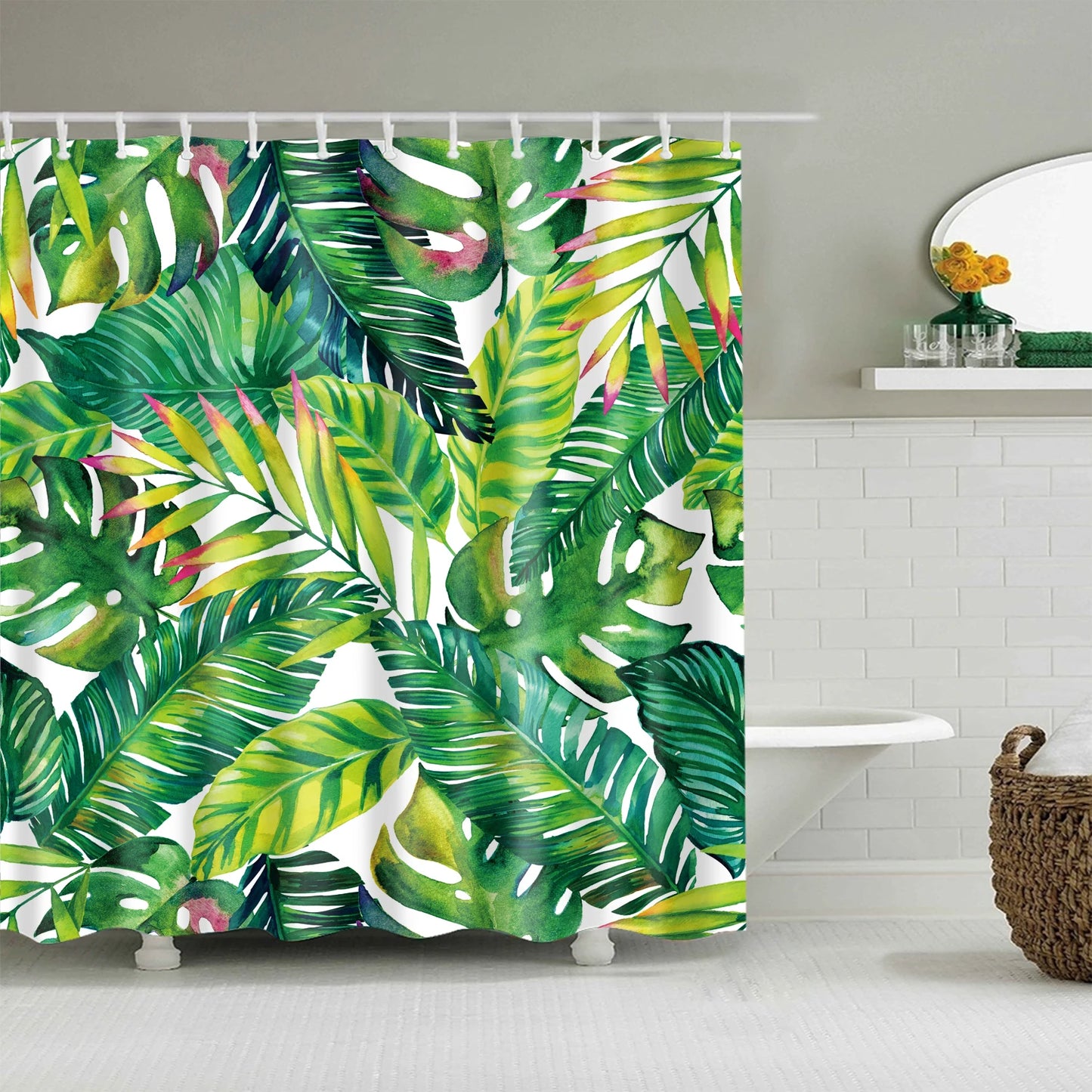 Tropical Green Plant Leaf Palm Cactus Shower Curtains Bathroom Curtain Frabic Waterproof Polyester Bathroom Curtain with Hooks