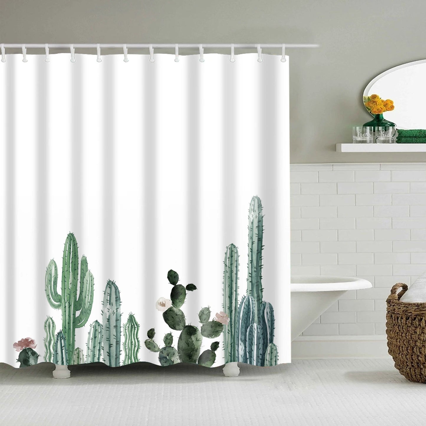 Tropical Green Plant Leaf Palm Cactus Shower Curtains Bathroom Curtain Frabic Waterproof Polyester Bathroom Curtain with Hooks
