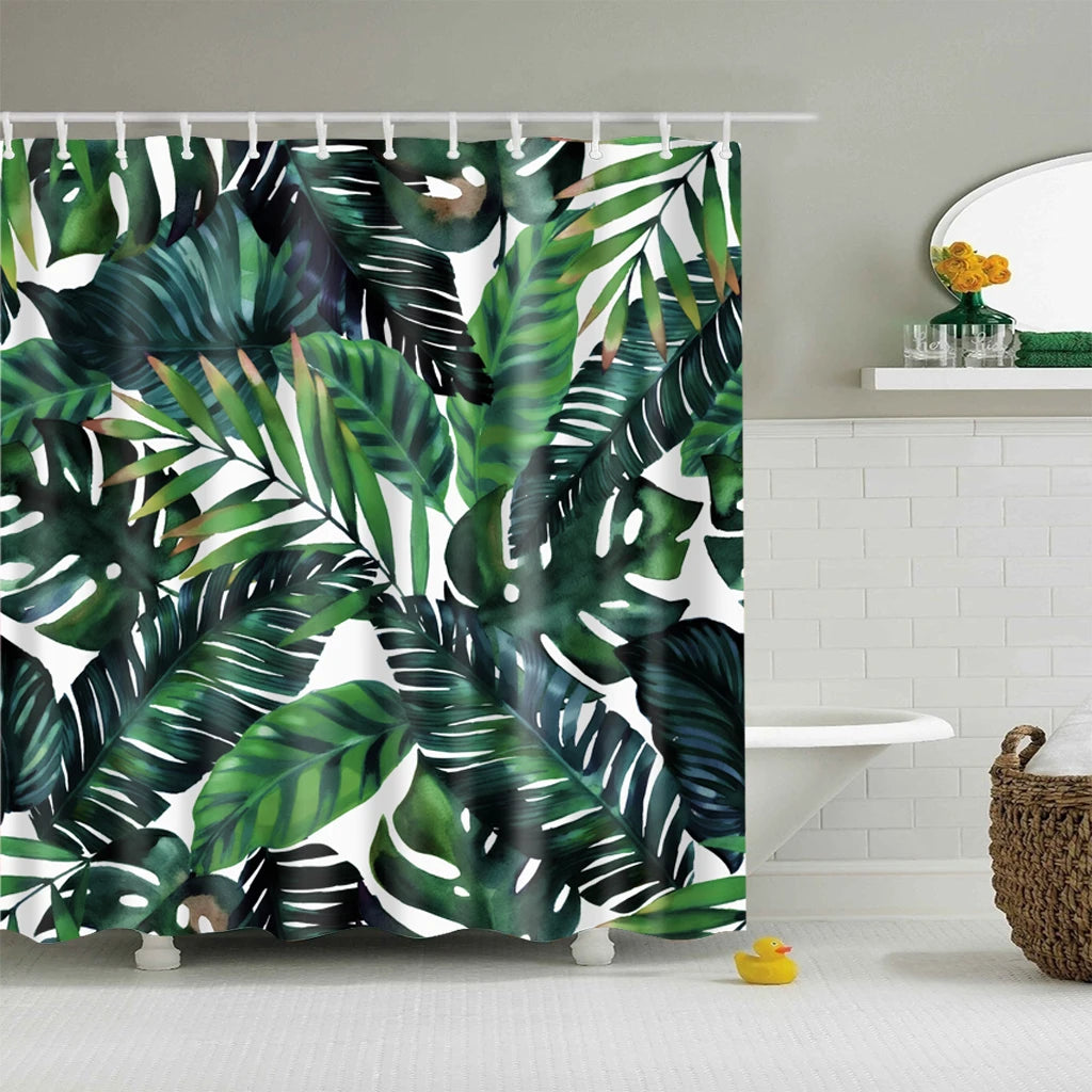 Tropical Green Plant Leaf Palm Cactus Shower Curtains Bathroom Curtain Frabic Waterproof Polyester Bathroom Curtain with Hooks