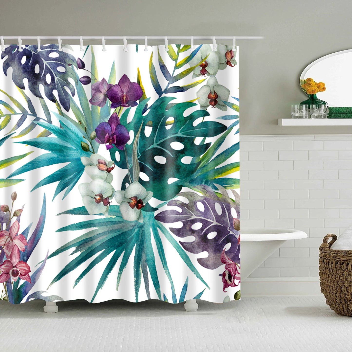 Tropical Green Plant Leaf Palm Cactus Shower Curtains Bathroom Curtain Frabic Waterproof Polyester Bathroom Curtain with Hooks