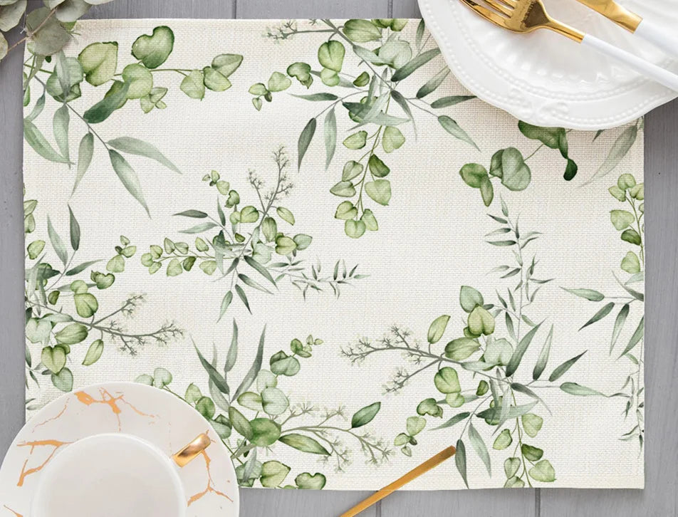 Tropical Plant Leaf Print Dining mat 32x45cm Linen Placemat Eucalyptus leaves Rose Flower Plant Drinking Cup Coaster Mats & Pads