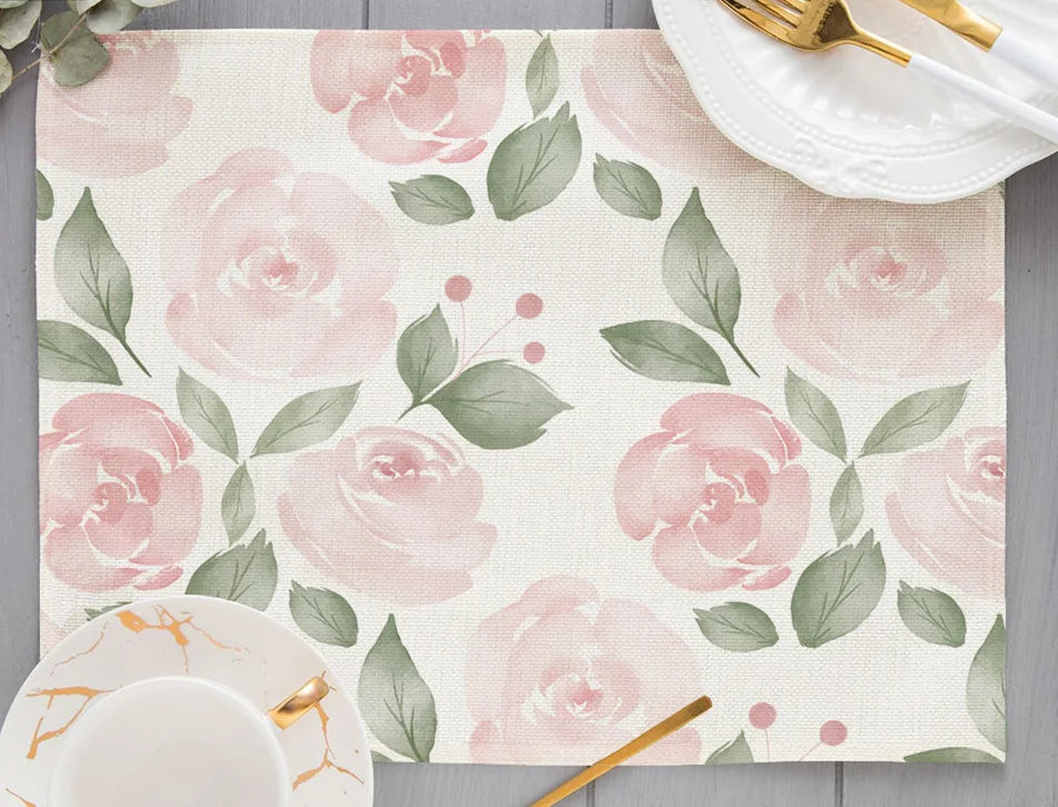 Tropical Plant Leaf Print Dining mat 32x45cm Linen Placemat Eucalyptus leaves Rose Flower Plant Drinking Cup Coaster Mats & Pads