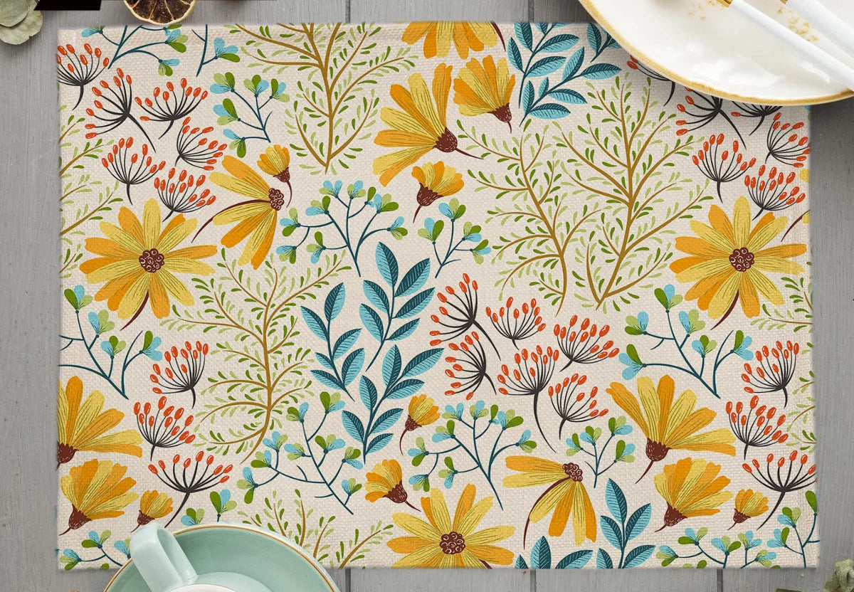 Tropical Plant Leaf Print Dining mat 32x45cm Linen Placemat Eucalyptus leaves Rose Flower Plant Drinking Cup Coaster Mats & Pads
