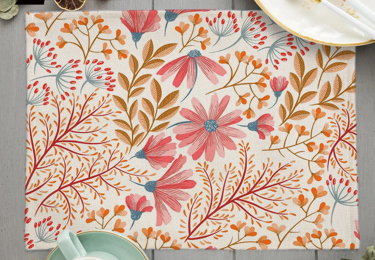 Tropical Plant Leaf Print Dining mat 32x45cm Linen Placemat Eucalyptus leaves Rose Flower Plant Drinking Cup Coaster Mats & Pads
