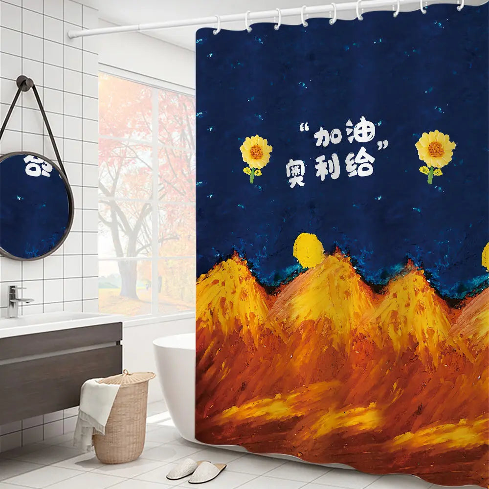 Van Gogh Starry Night Shower Curtain Oil Painting Abstract Art Blue Sky White Cloud Star Moon Scenery Bathroom Decor with Hooks