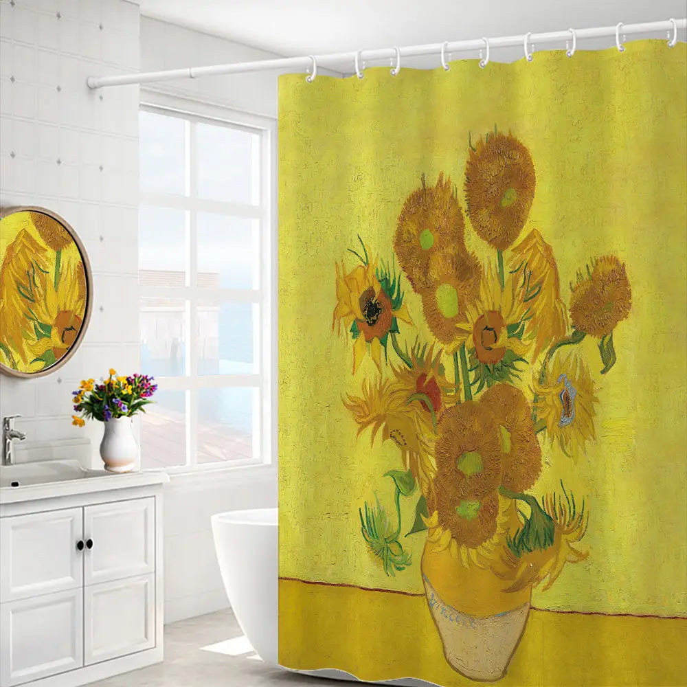 Van Gogh Starry Night Shower Curtain Oil Painting Abstract Art Blue Sky White Cloud Star Moon Scenery Bathroom Decor with Hooks