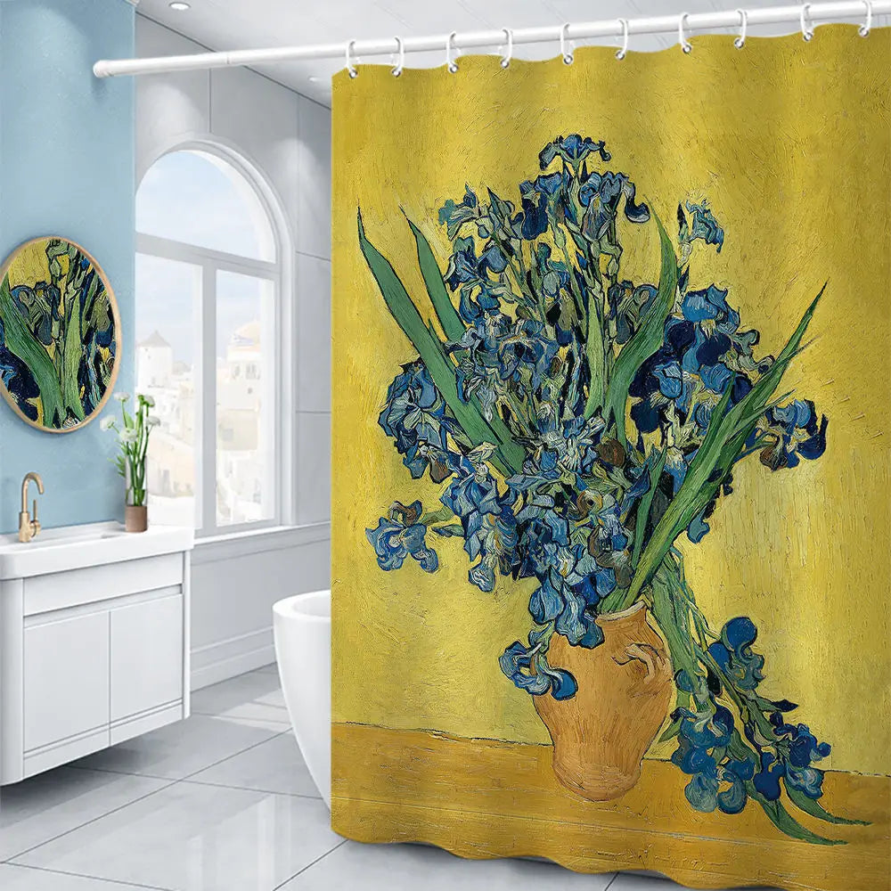 Van Gogh Starry Night Shower Curtain Oil Painting Abstract Art Blue Sky White Cloud Star Moon Scenery Bathroom Decor with Hooks