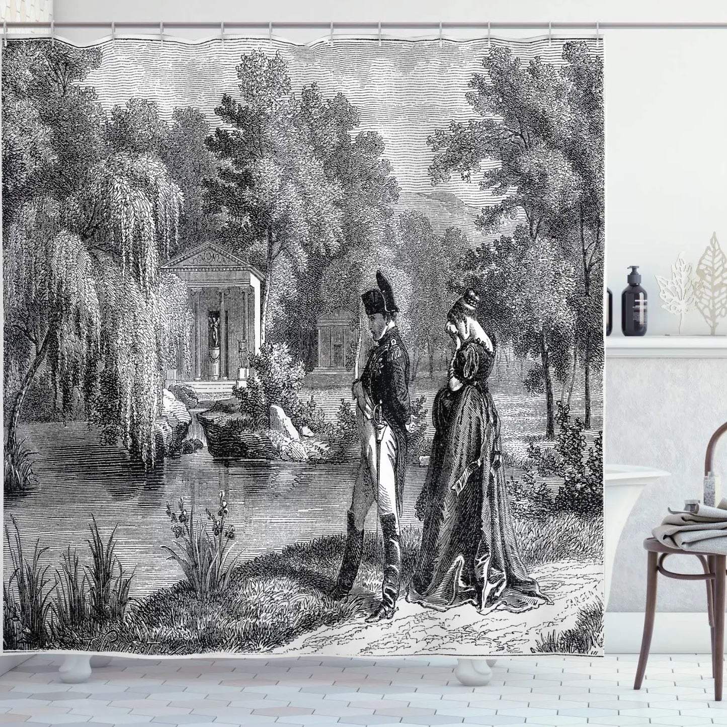 Vintage Shower Curtain,Historical French Revolution Sketch with Napoleon and Woman In Garden Artwork,Bathroom Curtain with Hooks