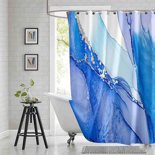 Violet Cyan Liquid Marble Bathroom Shower Curtains Gold Lines Turquoise Printed Waterproof Polyester Bathtub Curtains With Hooks