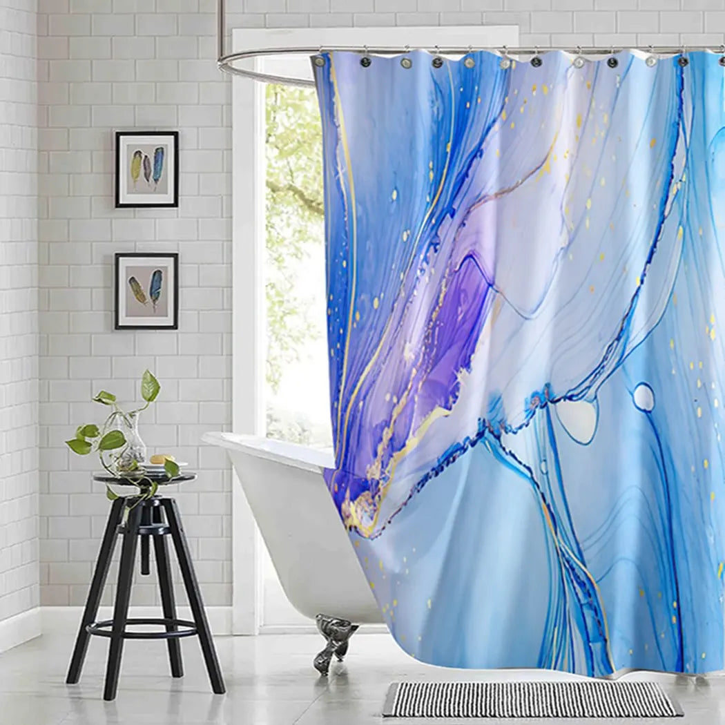 Violet Cyan Liquid Marble Bathroom Shower Curtains Gold Lines Turquoise Printed Waterproof Polyester Bathtub Curtains With Hooks
