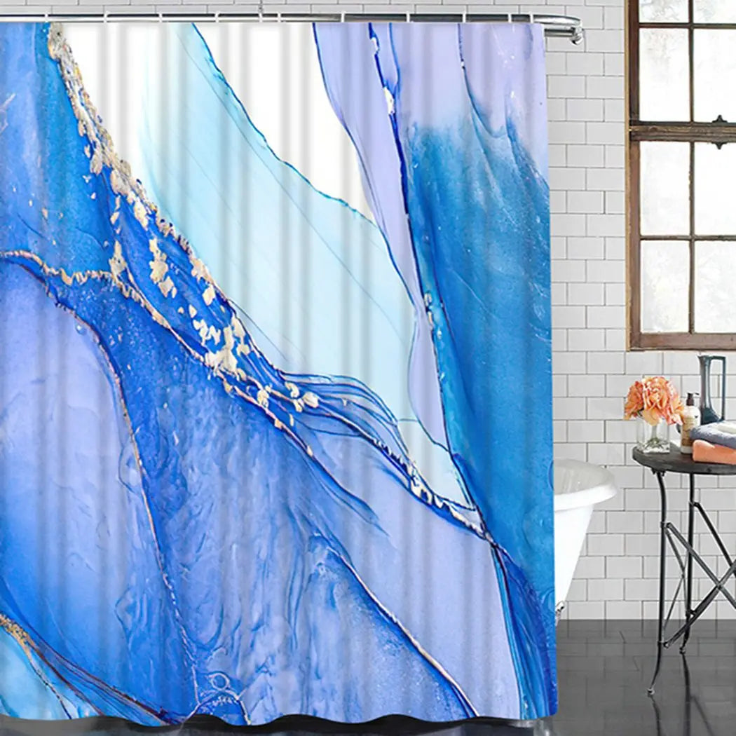Violet Cyan Liquid Marble Bathroom Shower Curtains Gold Lines Turquoise Printed Waterproof Polyester Bathtub Curtains With Hooks