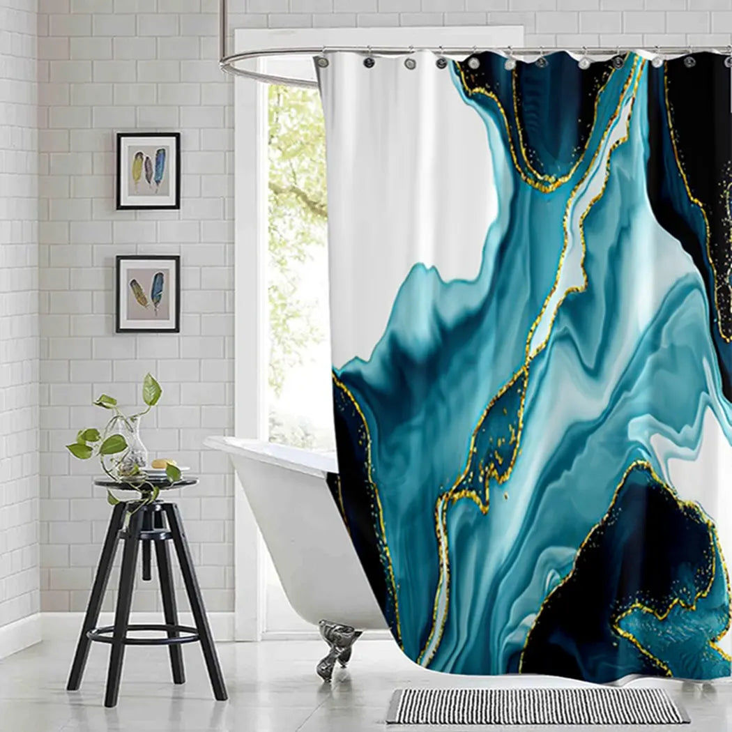 Violet Cyan Liquid Marble Bathroom Shower Curtains Gold Lines Turquoise Printed Waterproof Polyester Bathtub Curtains With Hooks