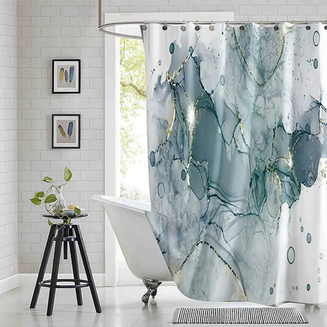 Violet Cyan Liquid Marble Bathroom Shower Curtains Gold Lines Turquoise Printed Waterproof Polyester Bathtub Curtains With Hooks