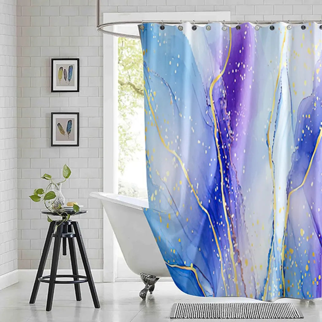 Violet Cyan Liquid Marble Bathroom Shower Curtains Gold Lines Turquoise Printed Waterproof Polyester Bathtub Curtains With Hooks