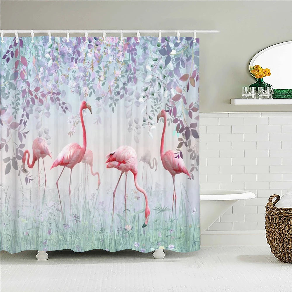 Waterproof Fabric Bathroom Curtains Flamingo Birds Plant Shower Curtain 3D Printing Decor with Hooks Bath Screen Bathroom Decor