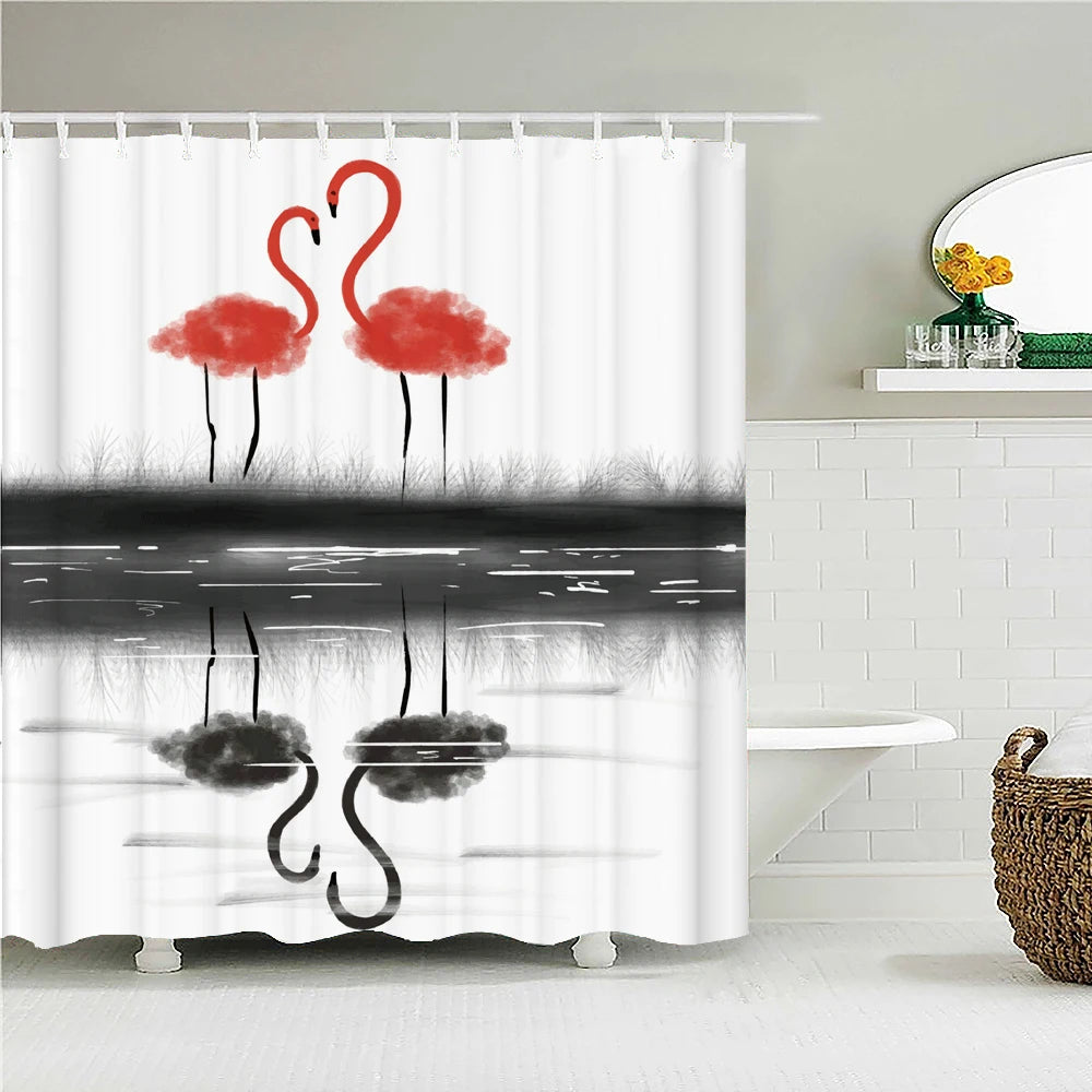 Waterproof Fabric Bathroom Curtains Flamingo Birds Plant Shower Curtain 3D Printing Decor with Hooks Bath Screen Bathroom Decor