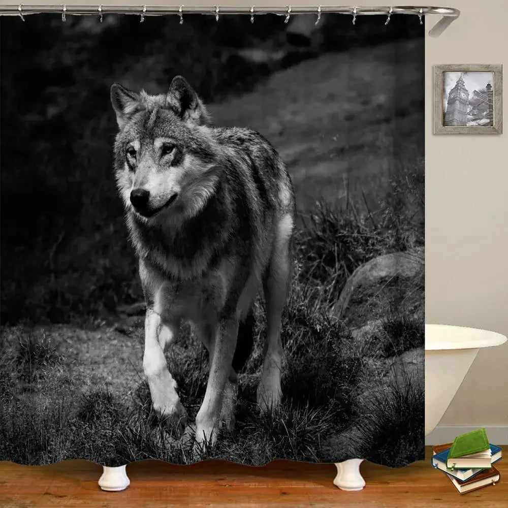 Wolf Silhouette Shower Curtain Black White Howling Thunderstorm Animal Moon Light Mystic Decor Bathroom Set Waterproof with Hook