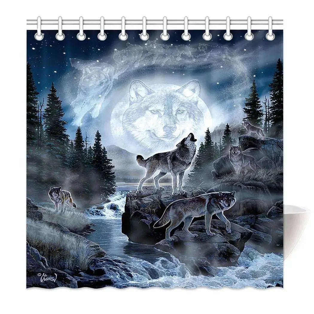 Wolf Silhouette Shower Curtain Black White Howling Thunderstorm Animal Moon Light Mystic Decor Bathroom Set Waterproof with Hook
