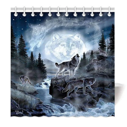 Wolf Silhouette Shower Curtain Black White Howling Thunderstorm Animal Moon Light Mystic Decor Bathroom Set Waterproof with Hook