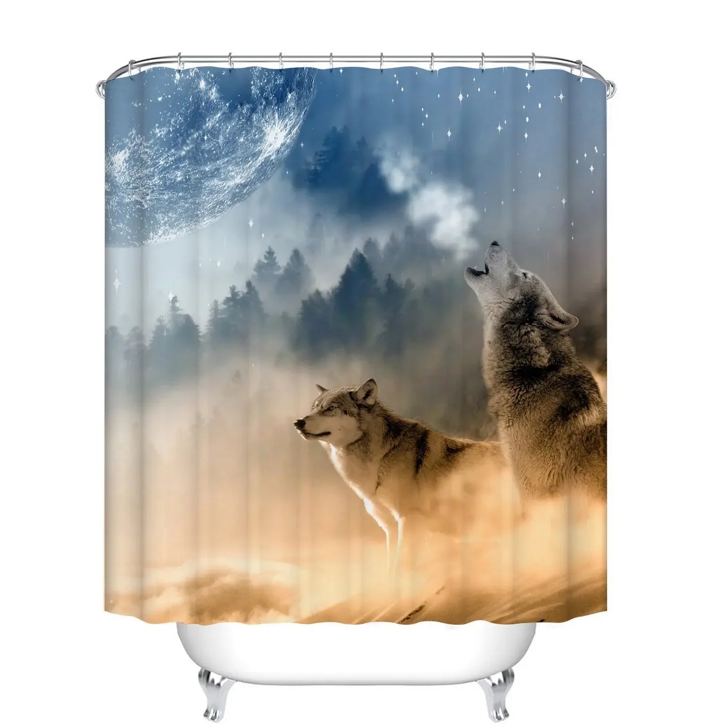 Wolf Silhouette Shower Curtain Black White Howling Thunderstorm Animal Moon Light Mystic Decor Bathroom Set Waterproof with Hook