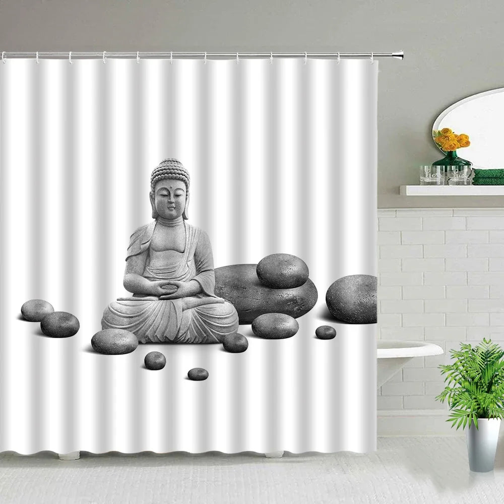 Zen Stone Buddha Flowers Scenery Shower Curtains Creativity Art Bathroom Bath Curtain With Hooks Waterproof Fabric Bathtub Decor