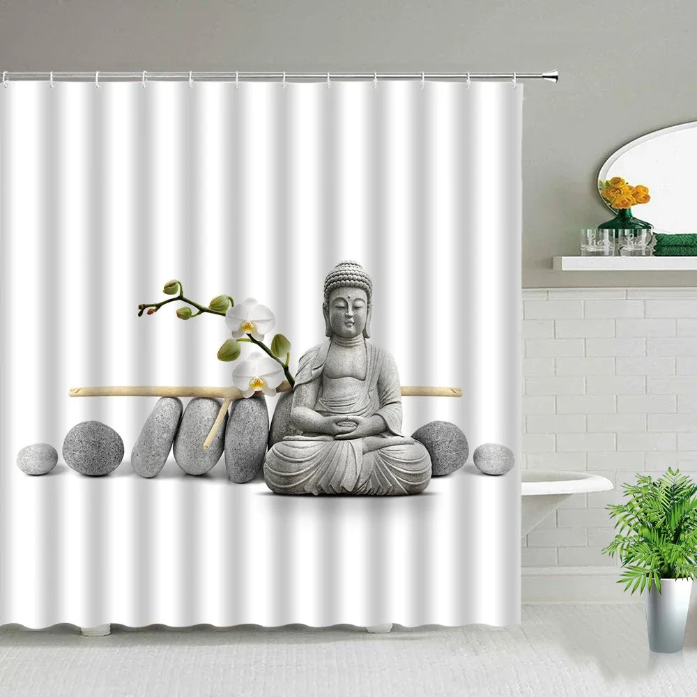 Zen Stone Buddha Flowers Scenery Shower Curtains Creativity Art Bathroom Bath Curtain With Hooks Waterproof Fabric Bathtub Decor