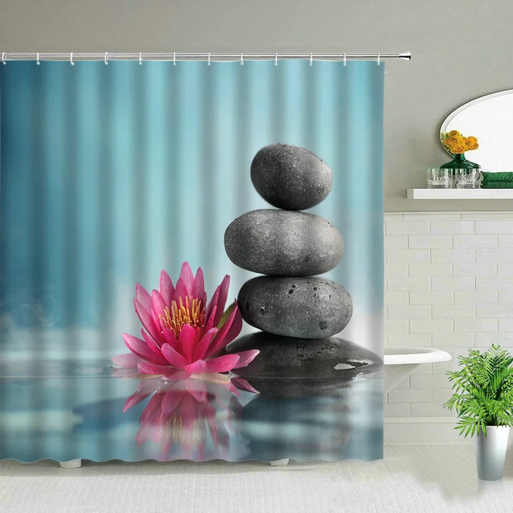 Zen Stone Buddha Flowers Scenery Shower Curtains Creativity Art Bathroom Bath Curtain With Hooks Waterproof Fabric Bathtub Decor