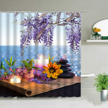 Zen Stone Buddha Flowers Scenery Shower Curtains Creativity Art Bathroom Bath Curtain With Hooks Waterproof Fabric Bathtub Decor