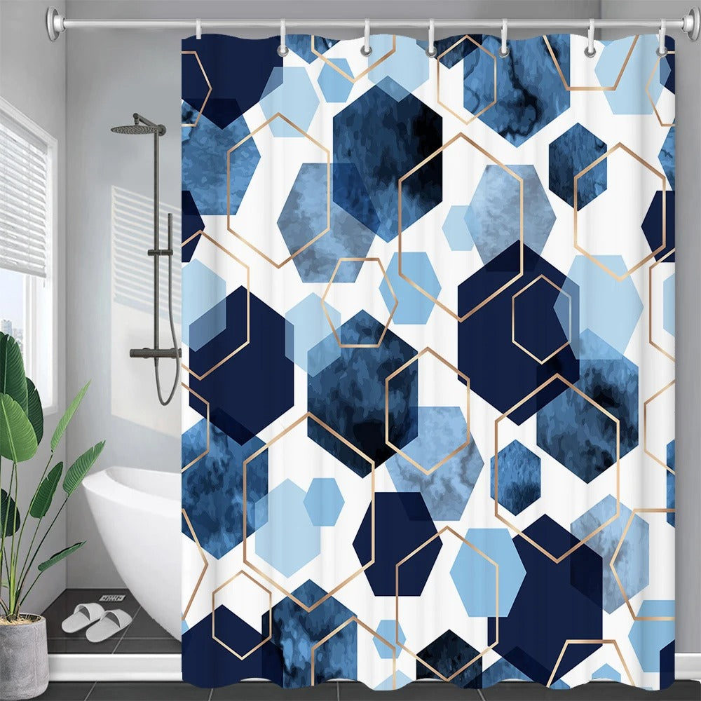 Blue Geometric Hexagonal Shower Curtains Waterproof Fabric Bathroom Curtain with Hooks Decoration Bath Screen Toilet Partition