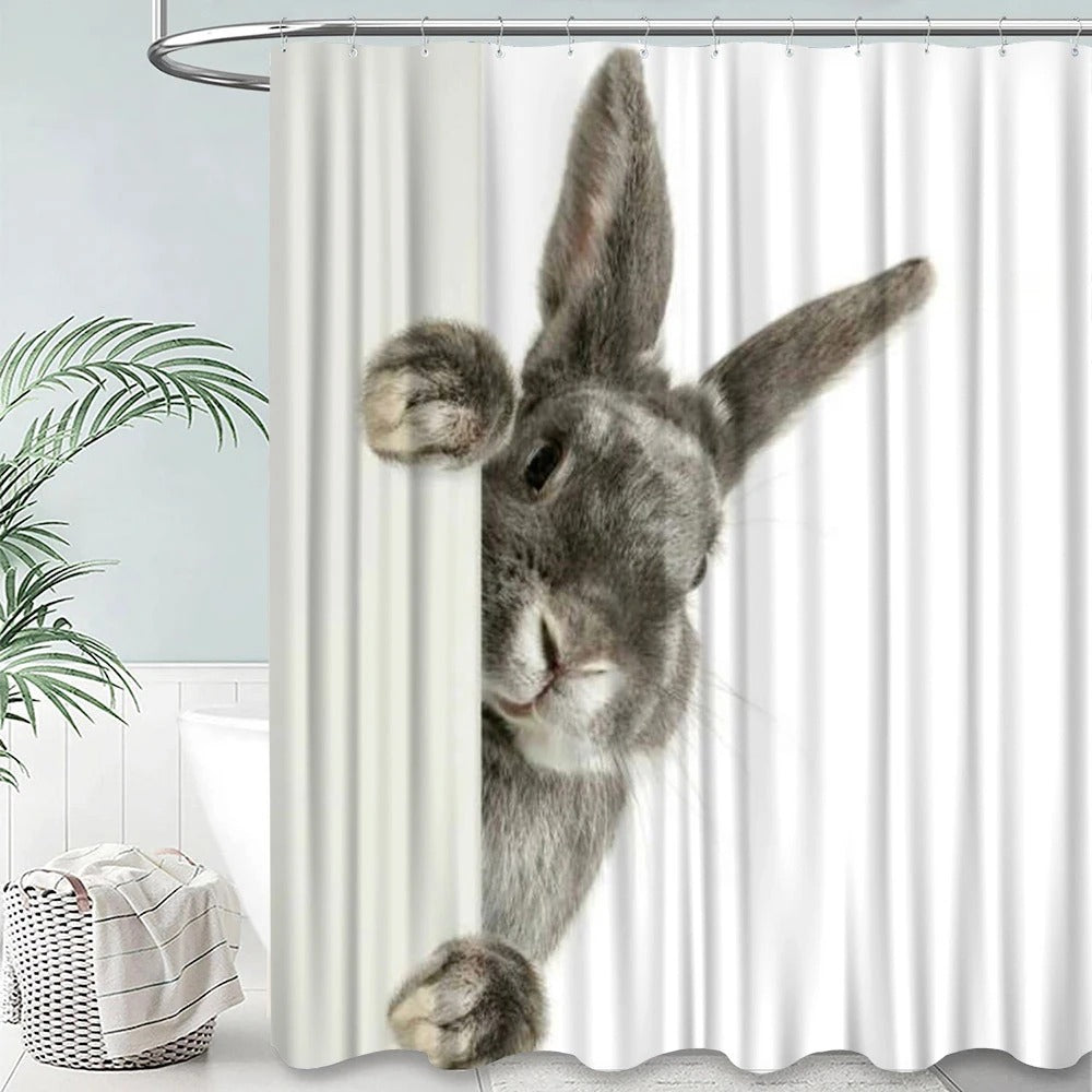 Grey Cute Rabbit Bathroom Shower Curtain Funny Cat Riding Dinosaur Animal Polyester Fabric Hanging Curtains Bathroom Decor Set