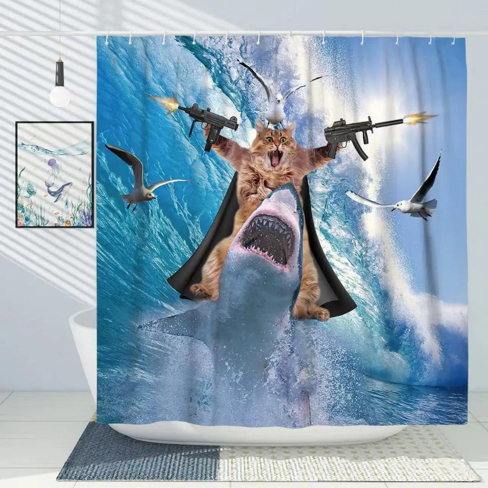 Grey Cute Rabbit Bathroom Shower Curtain Funny Cat Riding Dinosaur Animal Polyester Fabric Hanging Curtains Bathroom Decor Set