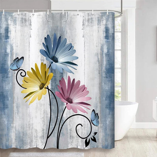 Teal Large Daisy Floral and Butterfly Shower Curtain Turquoise Bathroom Curtain  Waterproof Bathroom Decoration With Hooks
