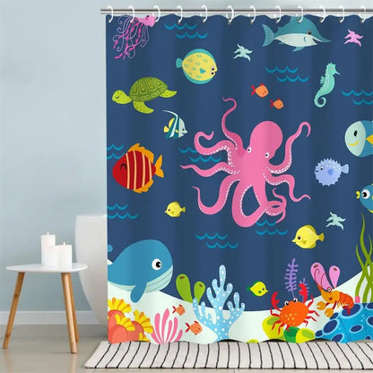 Colorful Tropical Fish Shower Curtains Ocean Animals Kids Bath Curtain Polyester Fabric Waterproof Bathroom Decor Set with Hooks