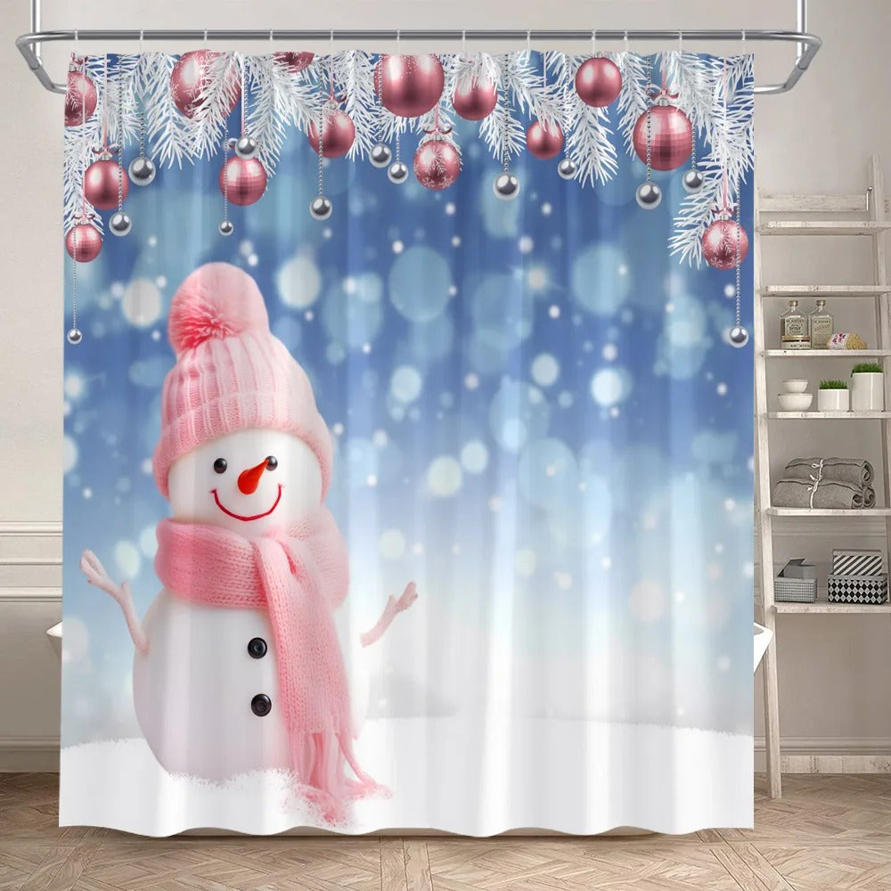 Cute Pink Snowman Christmas Shower Curtains Winter Forest Castle Xmas Trees Gift New Year Holiday Home Bathroom Decor with Hooks