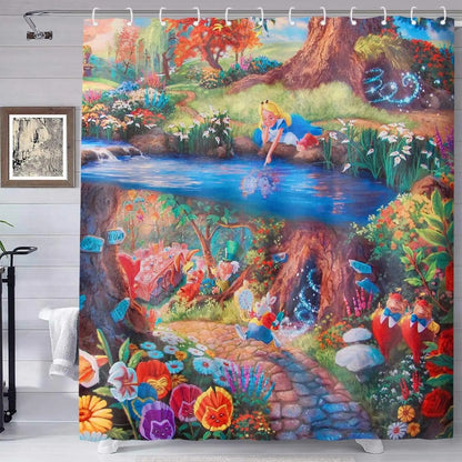 Alice In Wonderland Party Decorations Backdrop Shower Curtain,Fantasy Landscape Mushroom Art,Cloth Fabric for Bathroom Set,Hooks