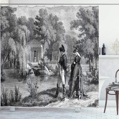 Vintage Shower Curtain,Historical French Revolution Sketch with Napoleon and Woman In Garden Artwork,Bathroom Curtain with Hooks