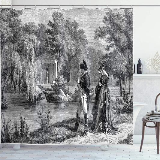 Vintage Shower Curtain,Historical French Revolution Sketch with Napoleon and Woman In Garden Artwork,Bathroom Curtain with Hooks