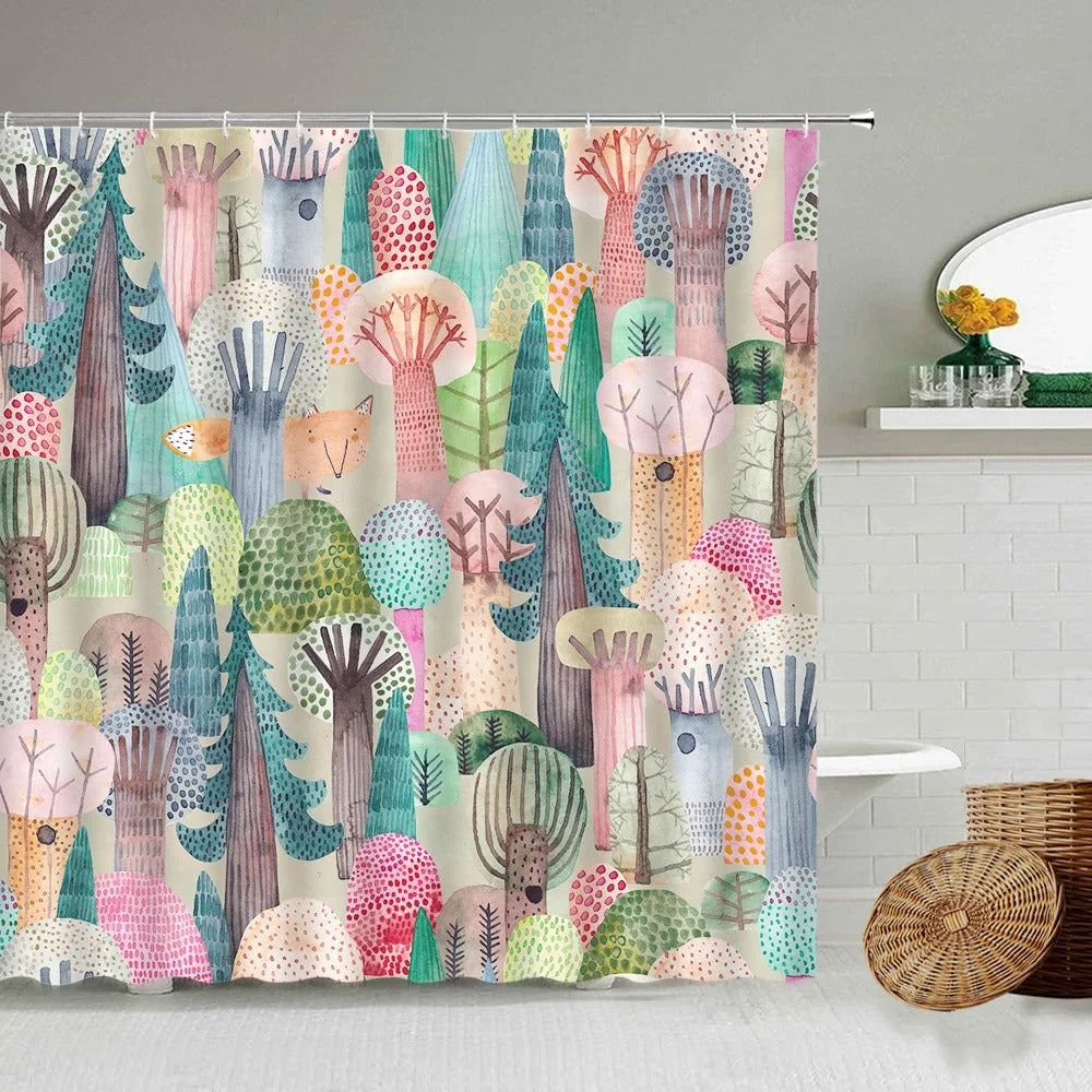 Cartoon Hand-Painted Animal Shower Curtain Cat Bird Rabbit Plant Flower Child Bathroom Decor With Hook Hanging Screen Washable